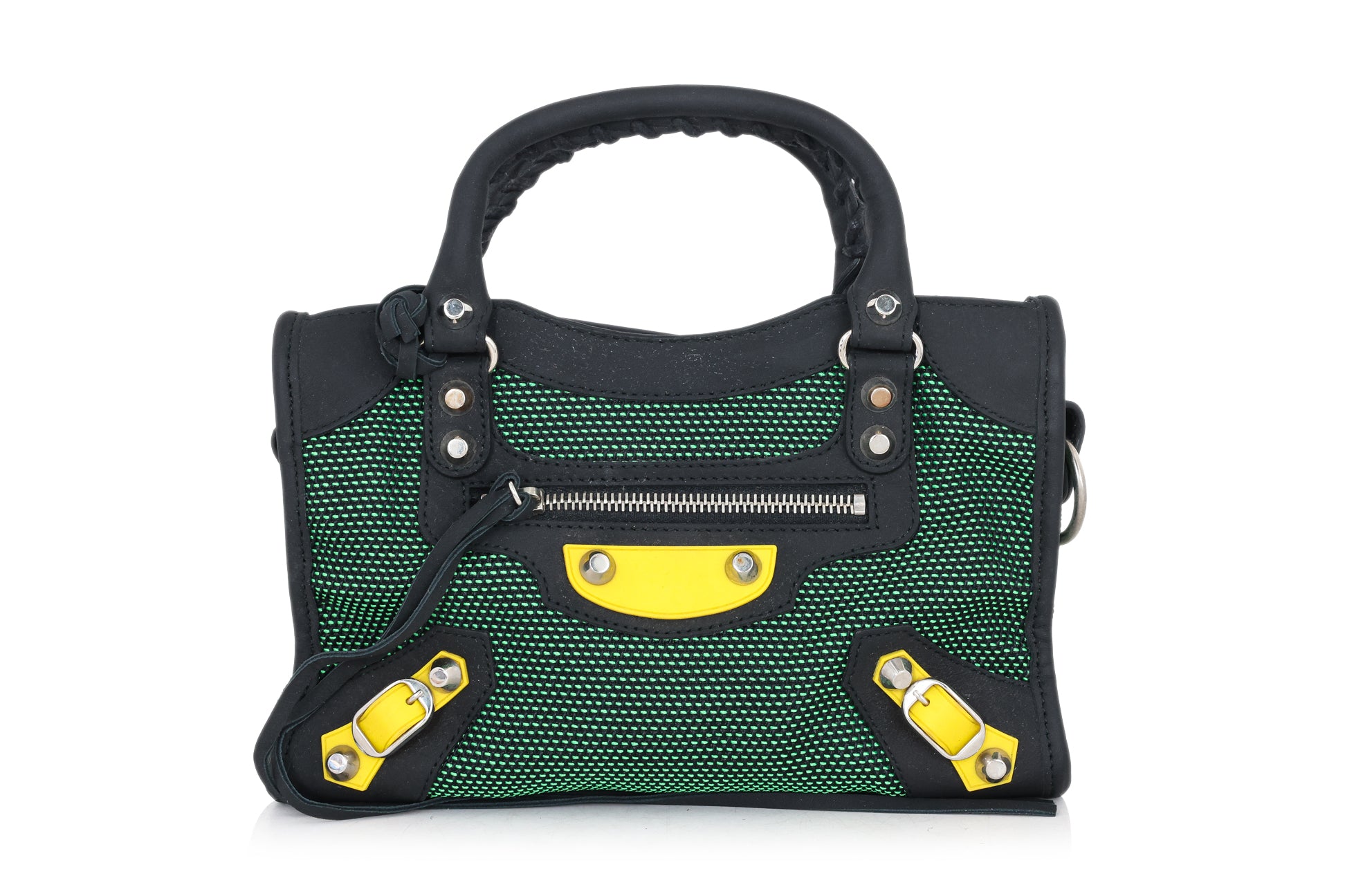 BALENCIAGA - A GREEN CANVAS & BLACK LEATHER MINI 'CITY'  BAG