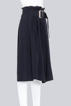 Y'S YOHJI YAMAMOTO - A NAVY COTTON MIDI SKIRT WITH A BELT CINCHED WAISTLINE
