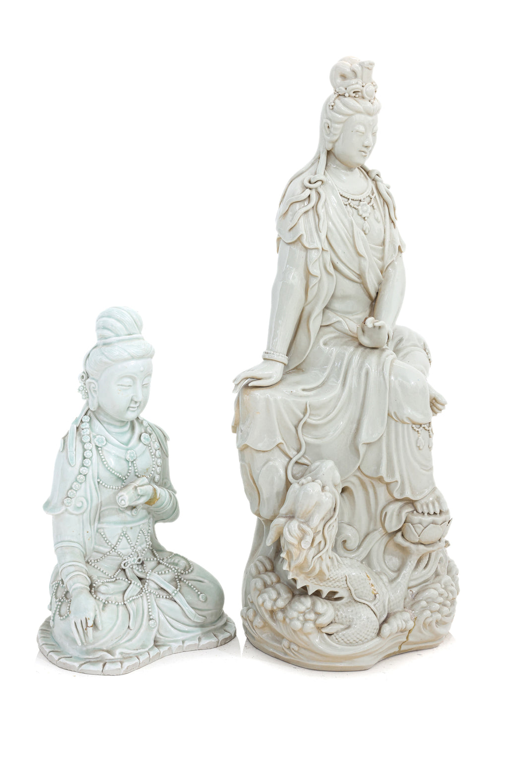 TWO BLANC DE CHINE GLAZED GUANYIN FIGURES