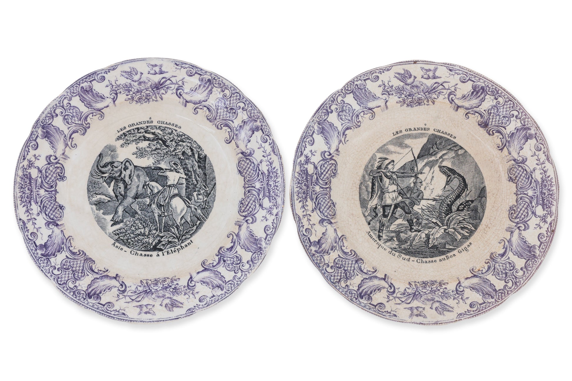A PART SET OF FOUR FRENCH OPAQUE DE GIEN 'LES GRANDE CHASSES' PORCELAIN PLATES