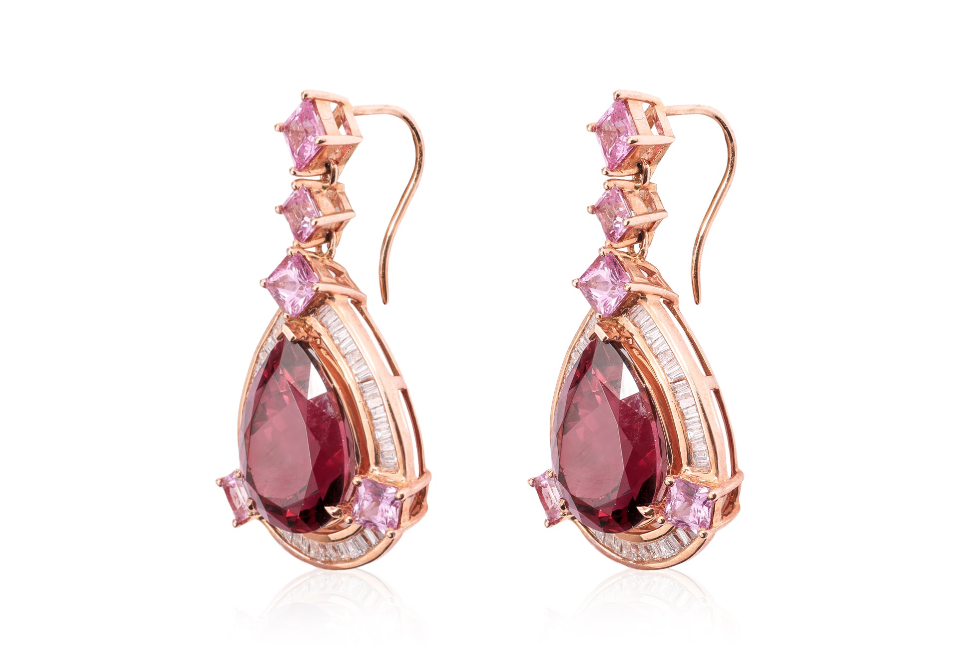 A PAIR OF PINK TOURMALINE, PINK SAPPHIRE AND DIAMOND DROP EARRINGS
