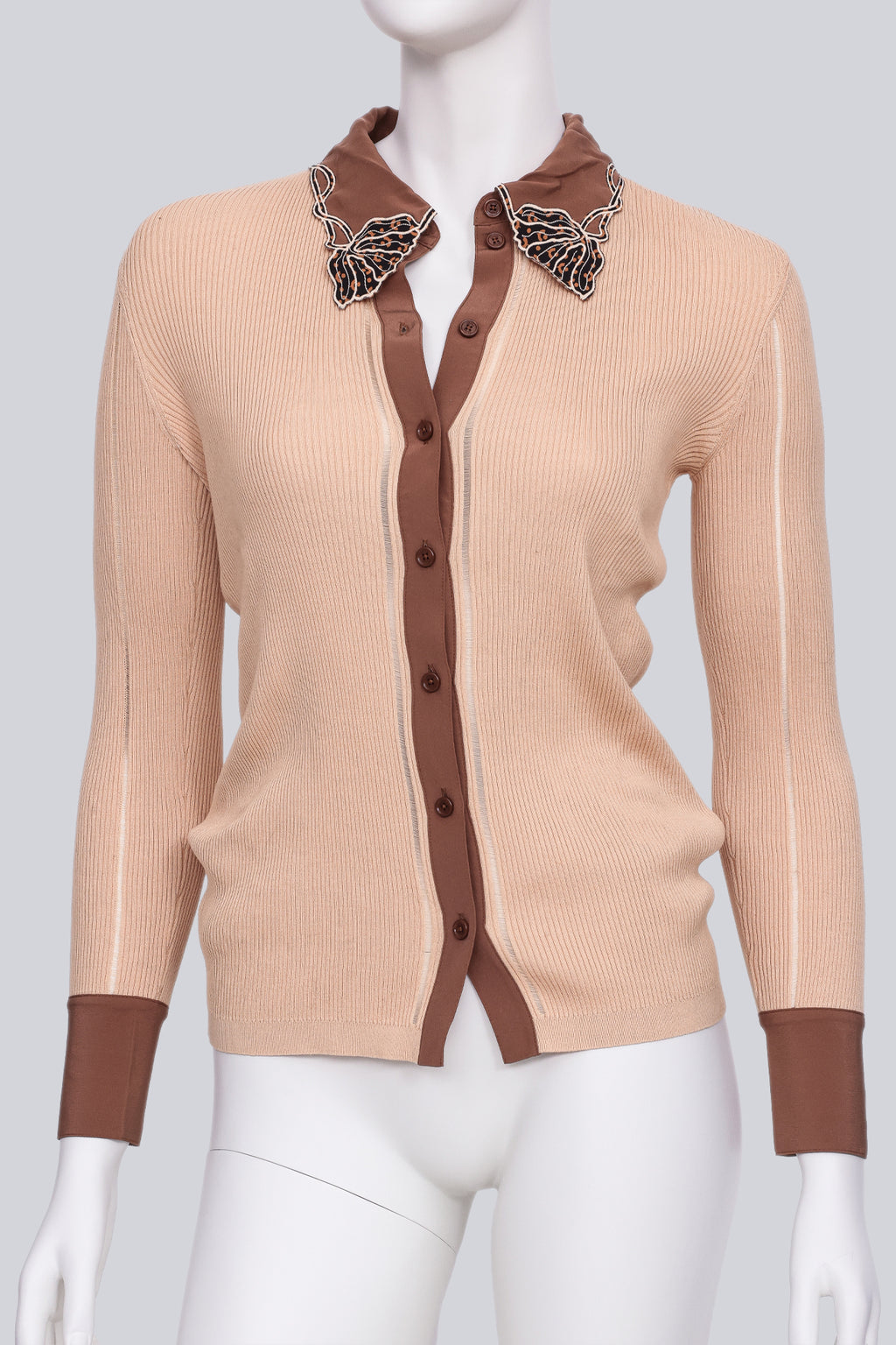 CHLOÉ- A PEACH ORANGE KNIT CARDIGAN WITH FLORAL MOTIF COLLAR