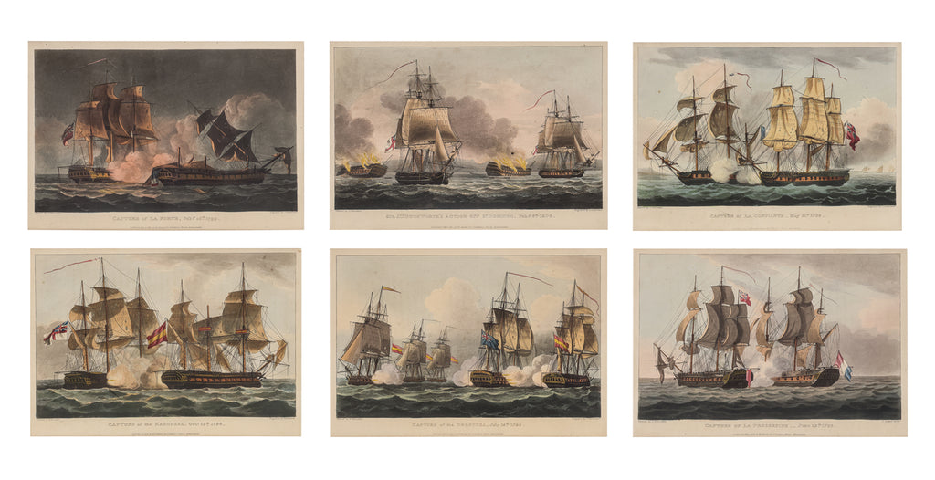 A GROUP OF SIX HAND-COLOURED ENGRAVINGS OF NAVAL BATTLES, JAMES JENKINS, C. 1830