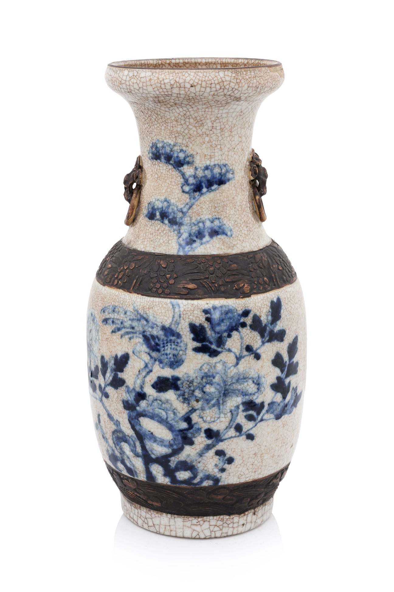 A LARGE NANKING BLUE AND WHITE BIRD AND FLOWER DECORATED VASE