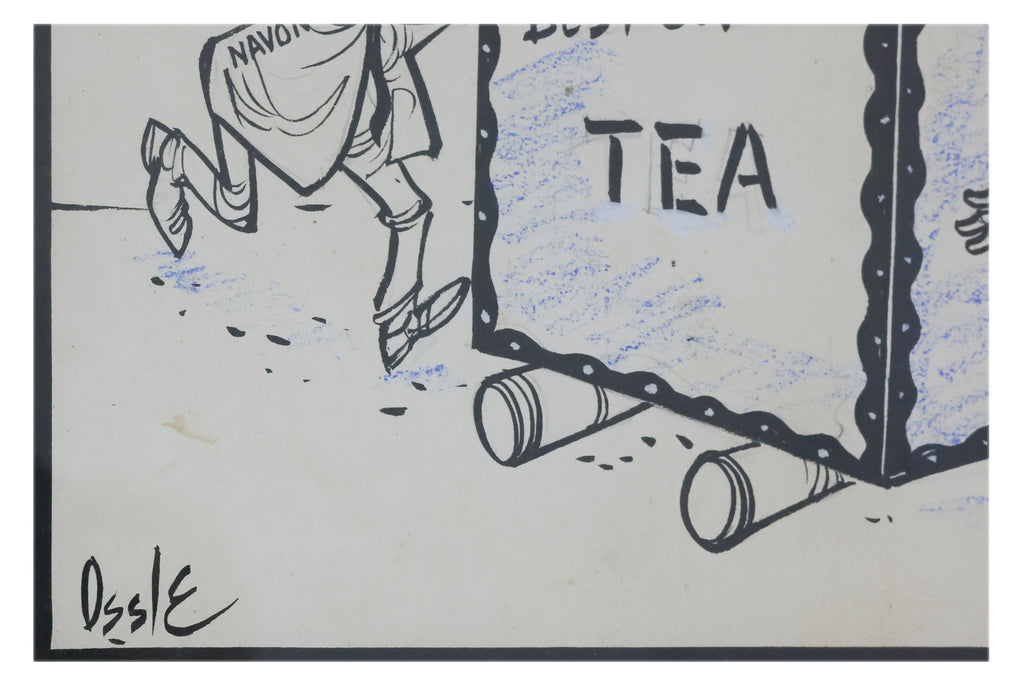 AN ORIGINAL POLITICAL NEWSPAPER CARTOON - 'WHO'S PUSHING WHOM?'