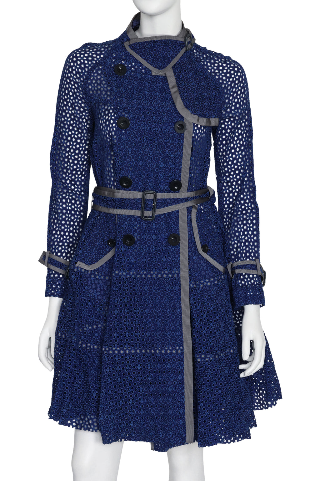 SACAI - A BLUE CUTWORK LACE TRENCH COAT, SPRING RTW 2012