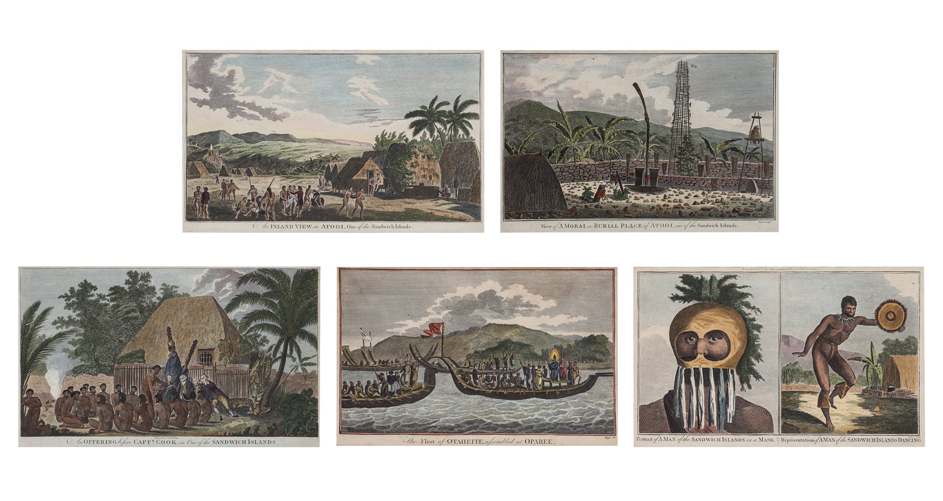 FIVE ENGRAVINGS OF HAWAII AND TAHITI, ...CAPTAIN COOK'S... VOYAGES, GEORGE W ANDERSON, 1784-1786