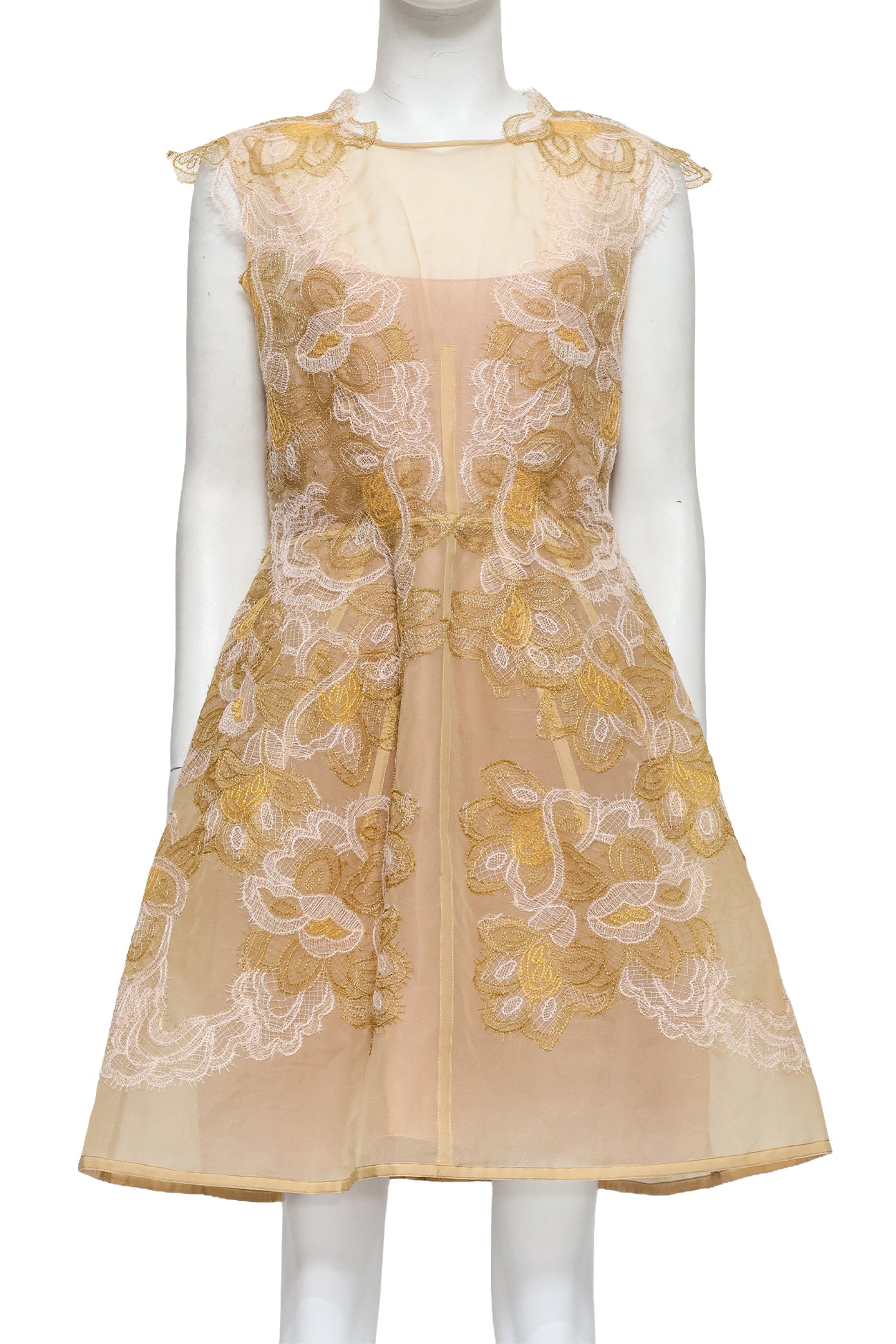 ALBERTA FERRETTI - A BEIGE AND GOLD LACE SILK DRESS WITH SLIP