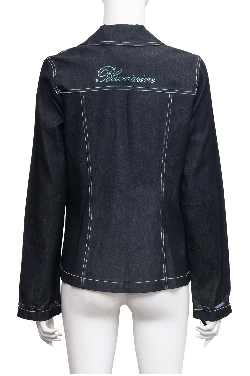 BLUMARINE - A DARK DENIM BLAZER WITH WHITE CONTRAST STITCHING AND PURPLE RIBBON DETAILS