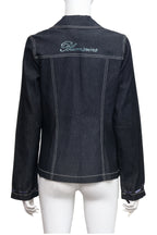 BLUMARINE - A DARK DENIM BLAZER WITH WHITE CONTRAST STITCHING AND PURPLE RIBBON DETAILS