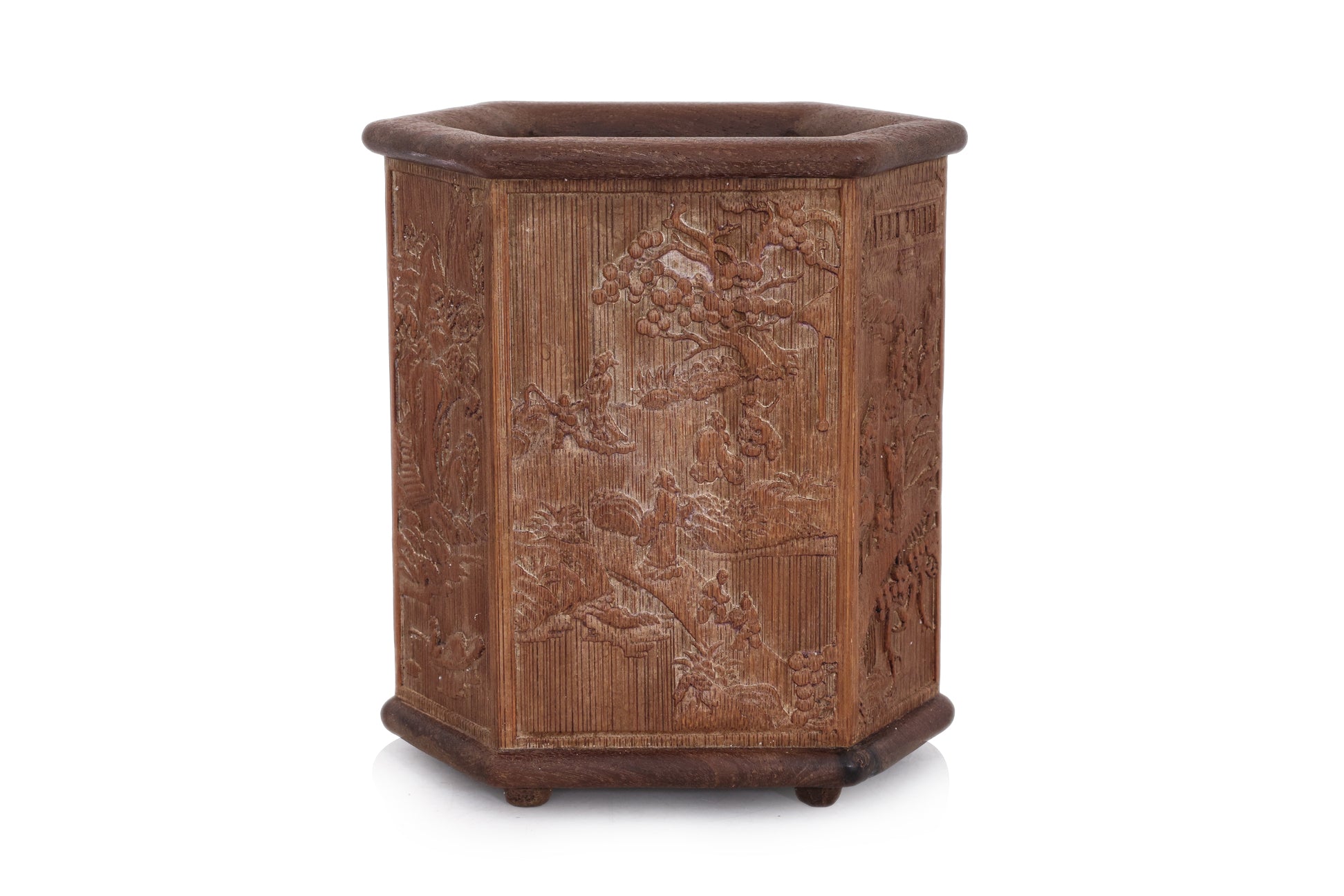 A HEXAGONAL BAMBOO AND HARDWOOD BRUSHPOT