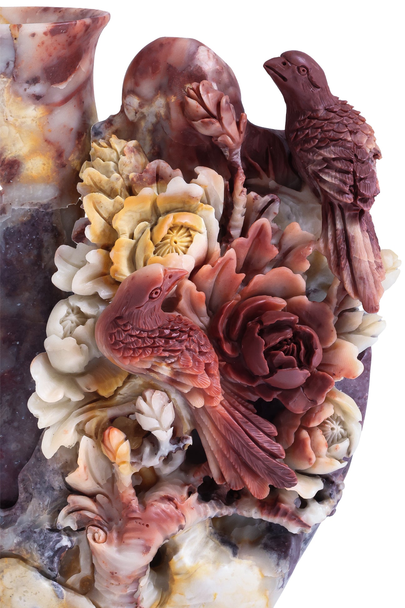 A SHOUSHAN STONE VASE WITH BIRDS AND PEONIES
