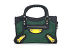 BALENCIAGA - A GREEN CANVAS & BLACK LEATHER MINI 'CITY'  BAG