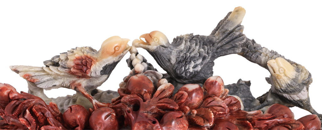 A LARGE SHOUSHAN STONE CARVING OF BIRDS AND FRUIT
