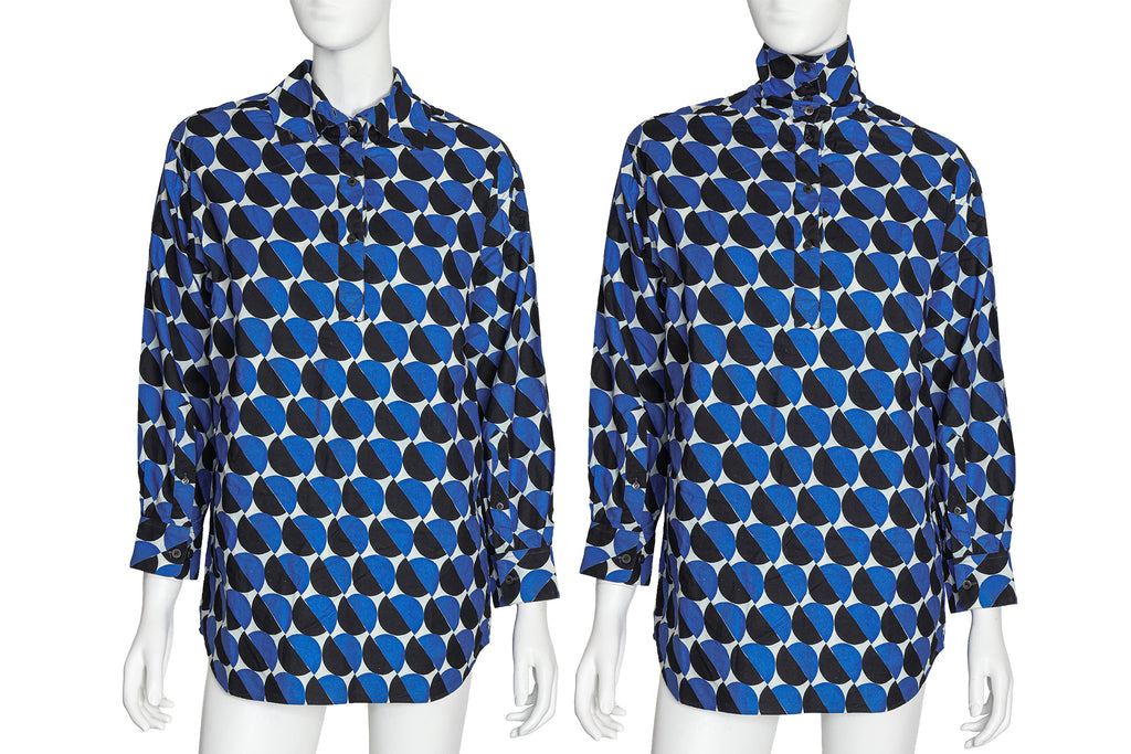 DRIES VAN NOTEN - A BLUE AND BLACK GEOMETRIC PRINT SHIRT