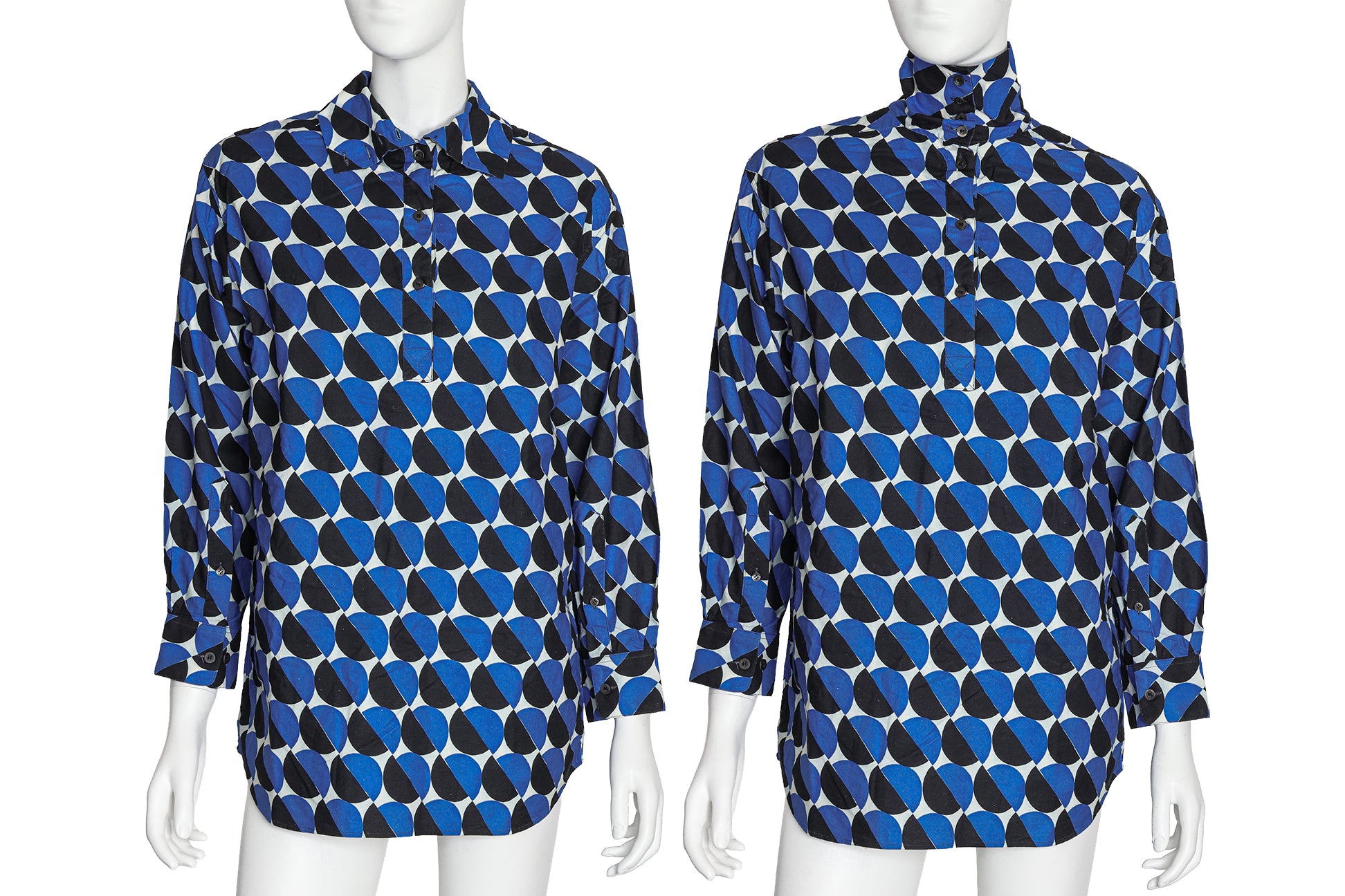 DRIES VAN NOTEN - A BLUE AND BLACK GEOMETRIC PRINT SHIRT