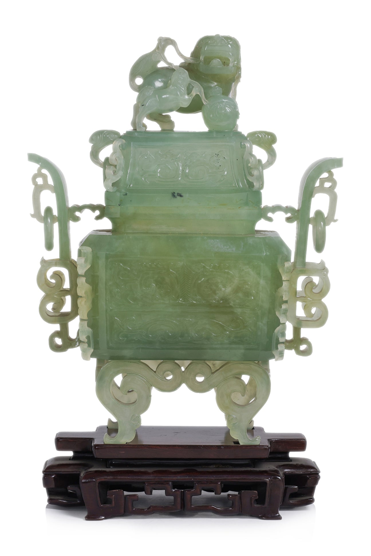 A LARGE SERPENTINE JADE ARCHAISTIC CENSER AND COVER