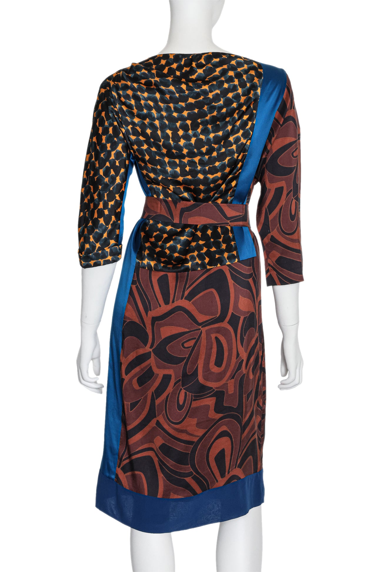 DRIES VAN NOTEN - AN ABSTRACT MULTI-PRINT SILK DRESS WITH MATCHING RIBBON BELT, F/W 2011