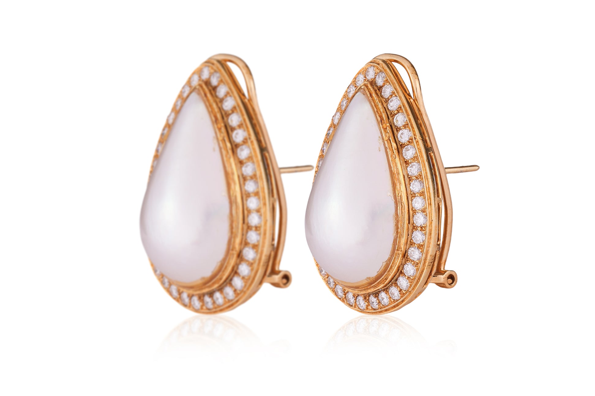 A PAIR OF MABE CULTURED PEARL AND DIAMOND EARRINGS