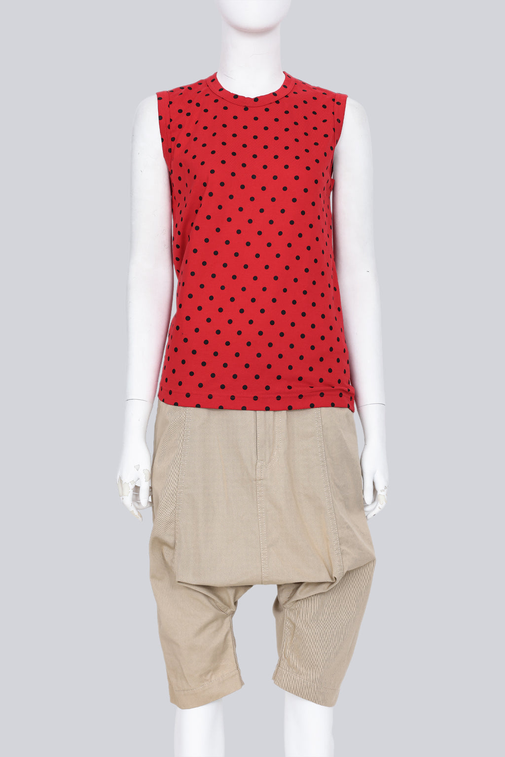 COMME DES GARCONS - A 2011 RED POLKA DOT SLEEVELESS SHIRT AND TAN DROP CROTCH CULOTTES ENSEMBLE