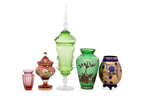 A GROUP OF FIVE COLOURED GLASS VASES
