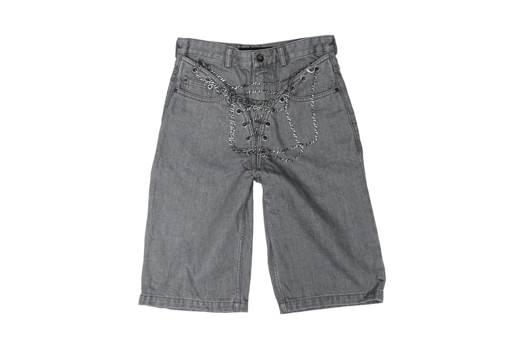 Y/PROJECT - A PAIR OF DENIM SHORTS WITH LACE-UP CHAIN DETAIL, S/S 2018