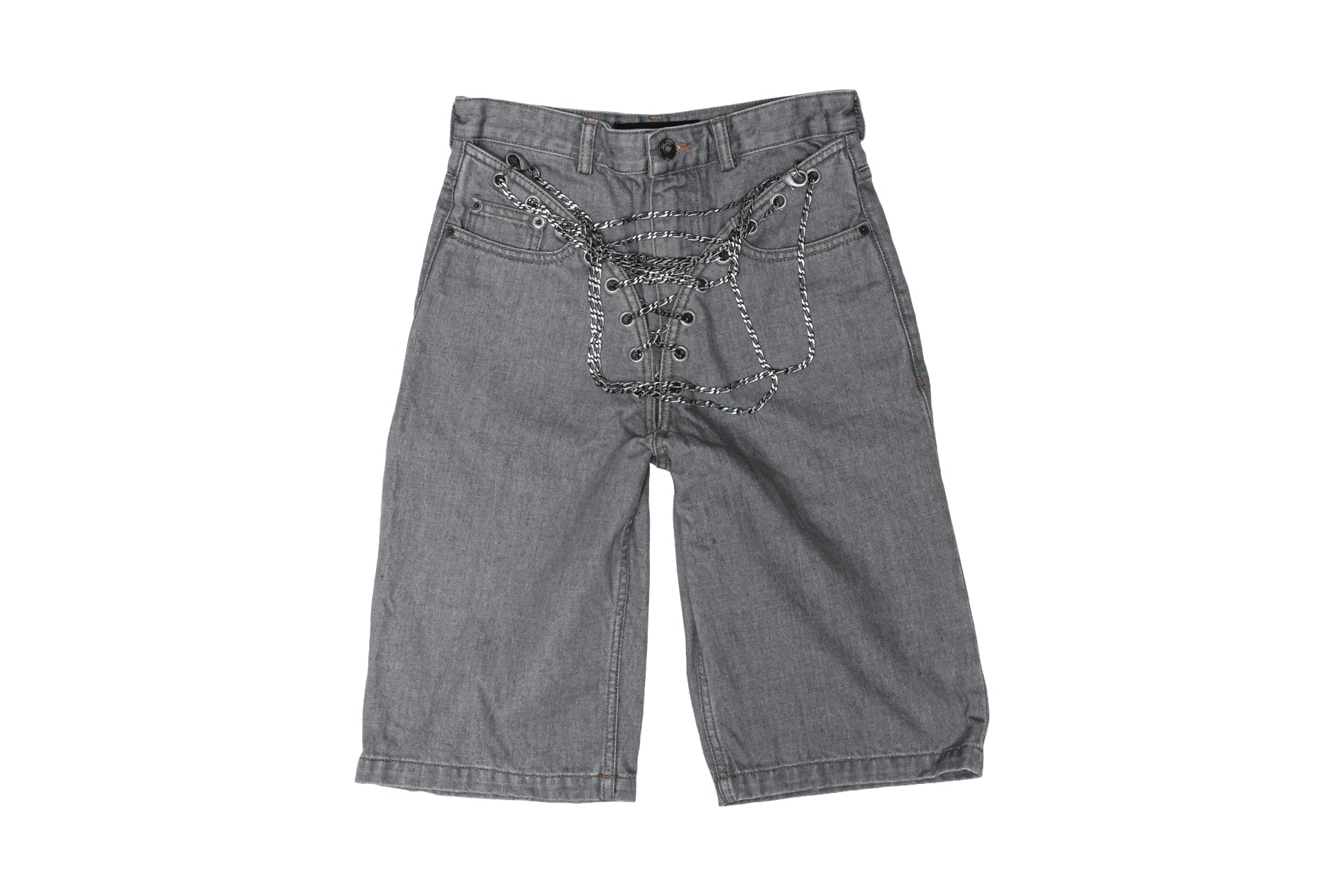 Y/PROJECT - A PAIR OF DENIM SHORTS WITH LACE-UP CHAIN DETAIL, S/S 2018