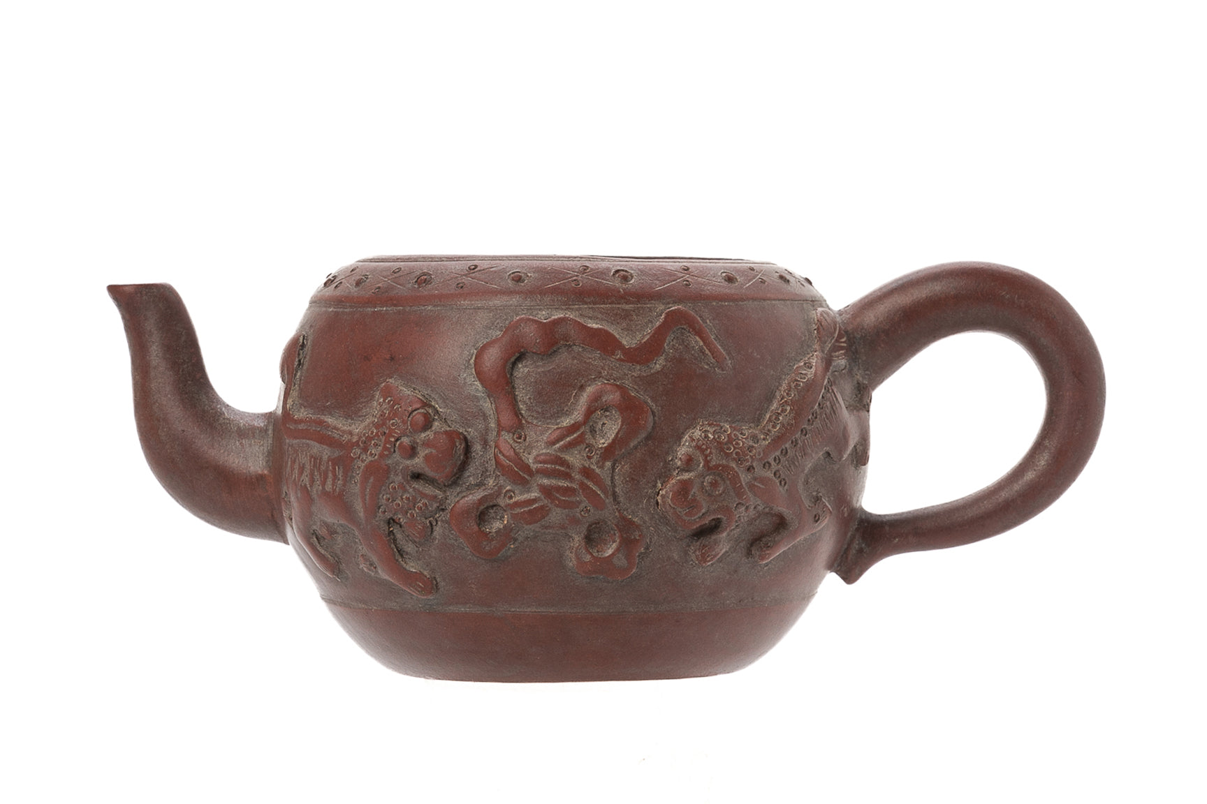 TWO DECORATED YIXING POTTERY TEA POTS