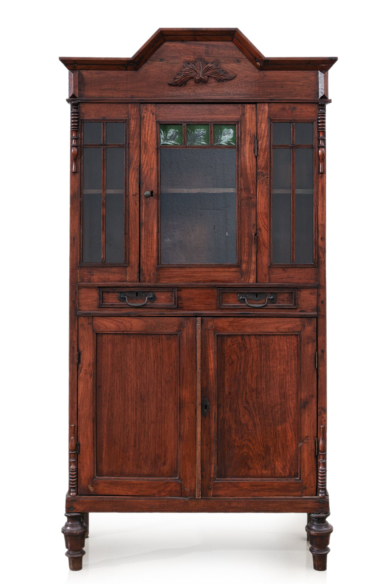 A SMALL GLAZED TEAK CABINET