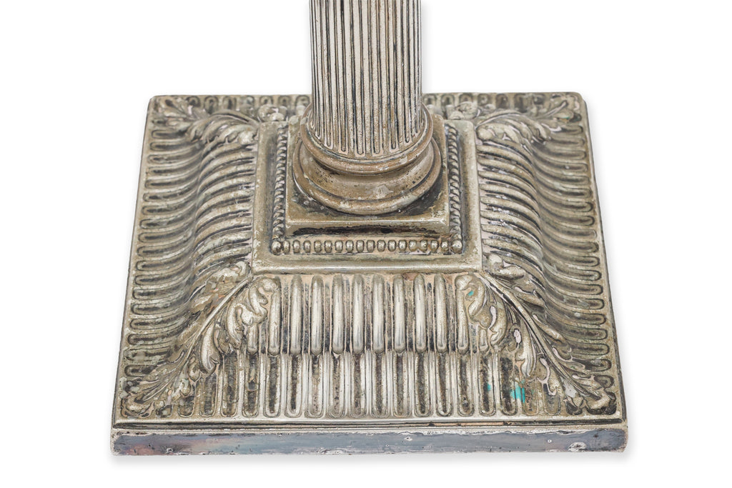 A PAIR OF ENGLISH SILVER PLATED CORINTHIAN COLUMN CANDLESTICKS