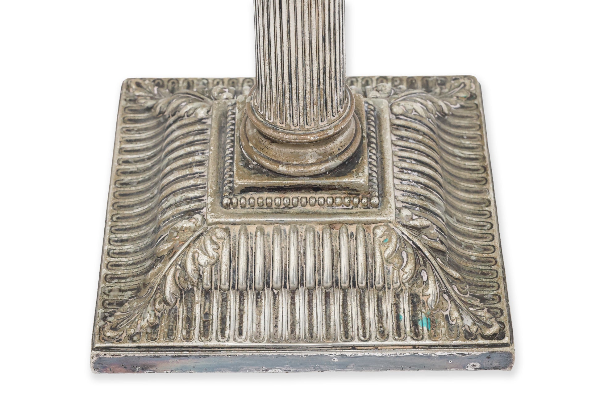A PAIR OF ENGLISH SILVER PLATED CORINTHIAN COLUMN CANDLESTICKS