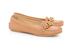DOLCE & GABBANA - A PAIR OF TAN LEATHER LOAFERS WITH GOLD-TONE CHAIN DETAIL