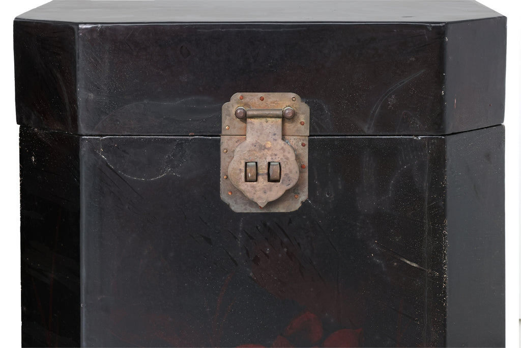 A PAIR OF BLACK LACQUERED OCTAGONAL WOODEN CHESTS