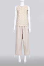 COMME DES GARCONS TRICOT - A 2007 SLEEVELESS TAN GOLD EMBROIDERED SHIRT AND TAN TROUSERS ENSEMBLE