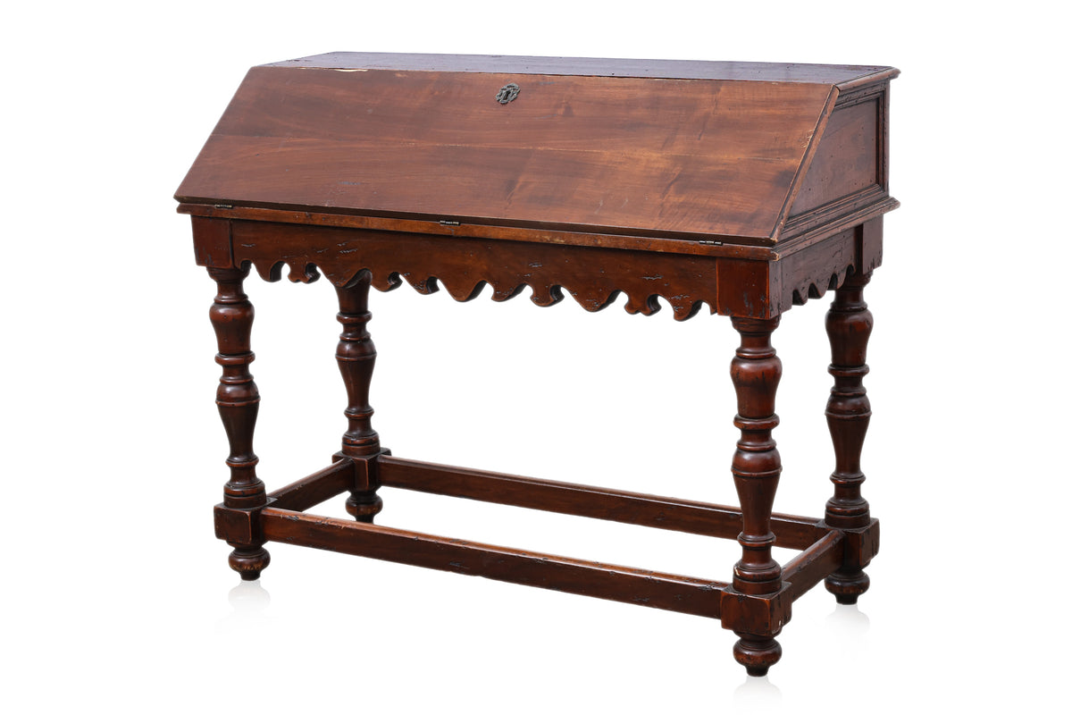 A COLONIAL DUTCH STYLE TEAK FALL FRONT DESK AND CAPTAINS CHAIR