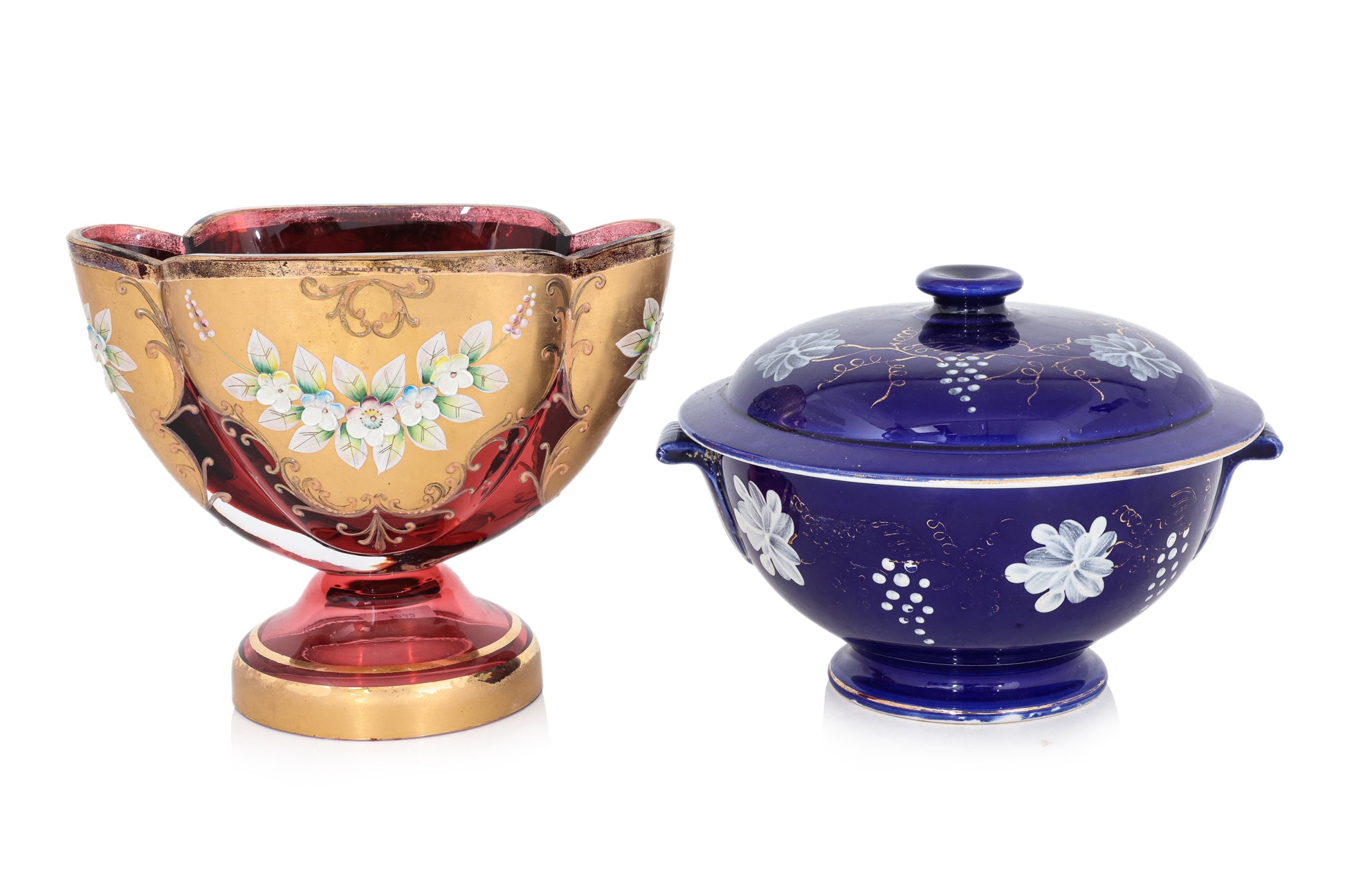 A SARREGUEMINES RICE BOWL AND A BOMEHIAN RUBY GLASS VASE