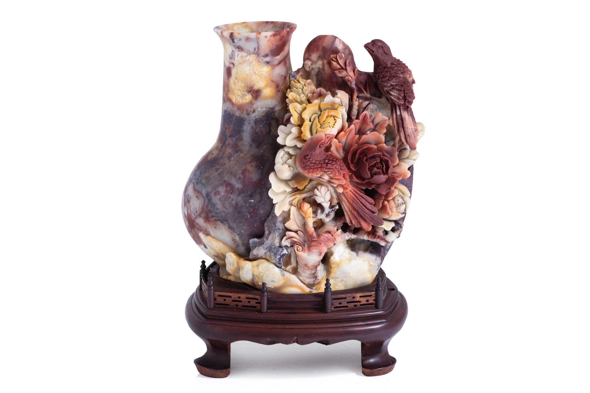 A SHOUSHAN STONE VASE WITH BIRDS AND PEONIES