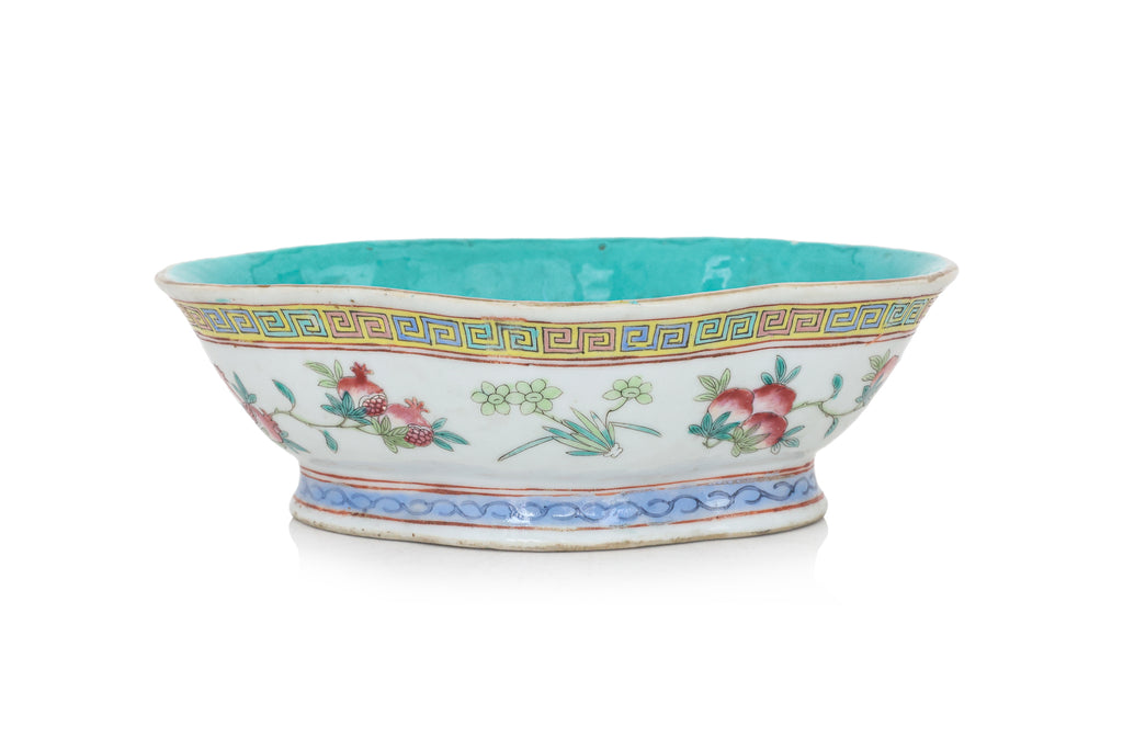 A FAMILLE ROSE 'DRAGON' JOSS STICK HOLDER AND A 'SAN DUO' FOOTED DISH