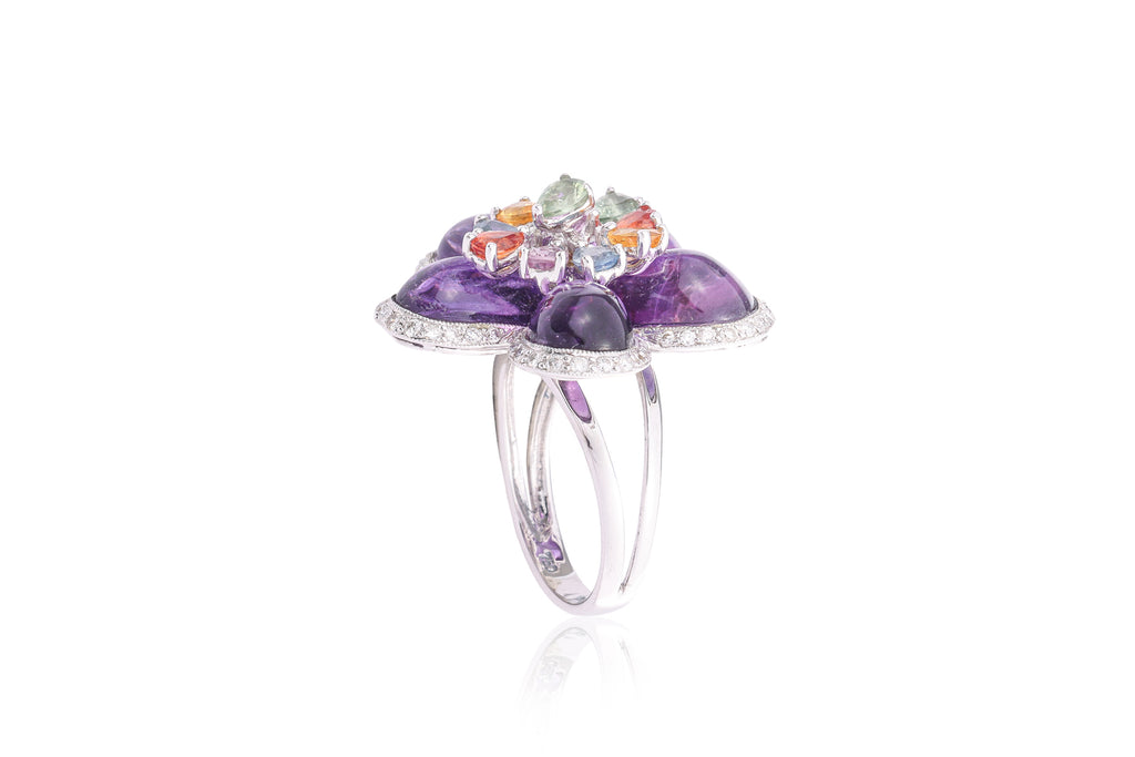 A MULTI-COLOUR GEM AND DIAMOND RING
