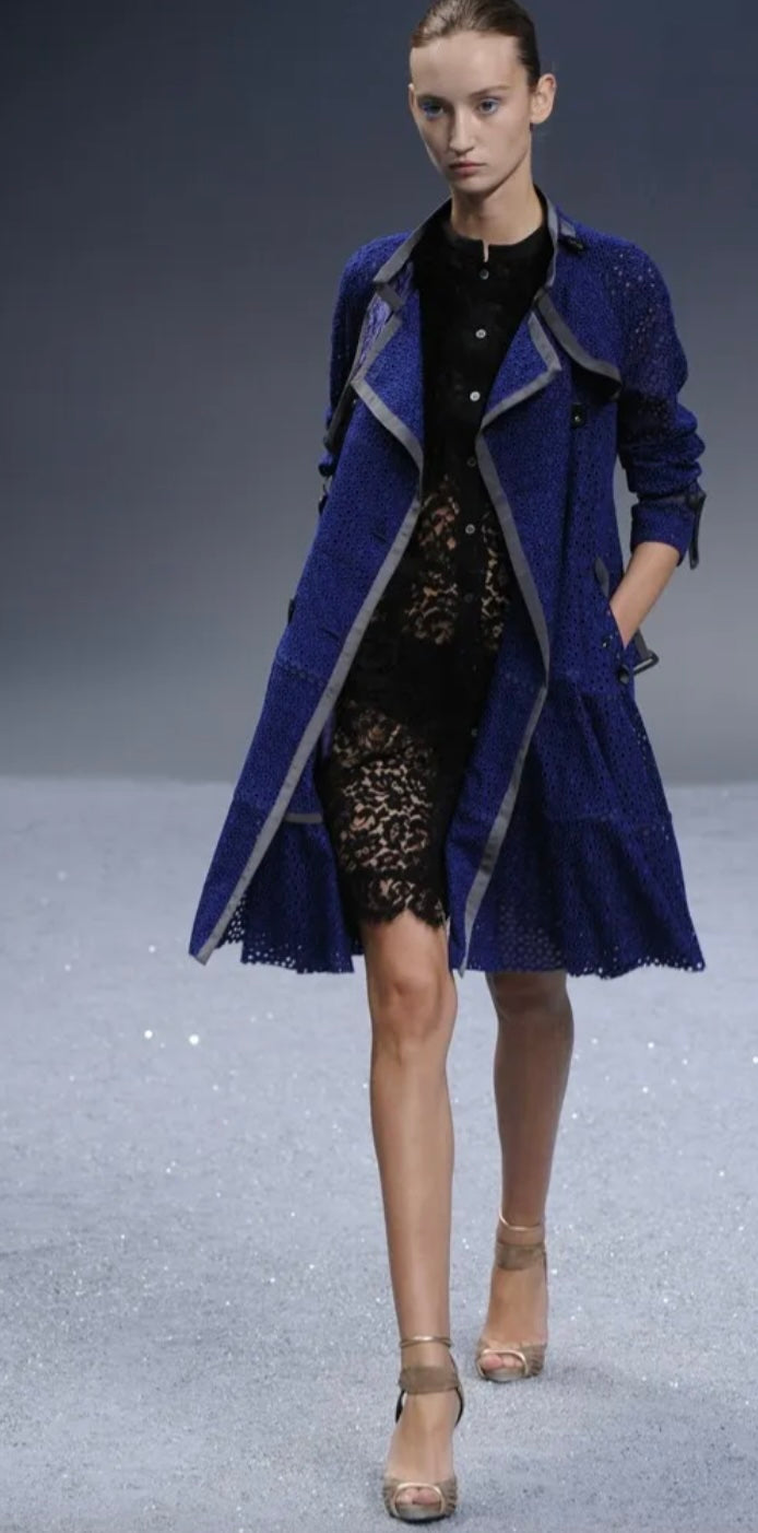 SACAI - A BLUE CUTWORK LACE TRENCH COAT, SPRING RTW 2012
