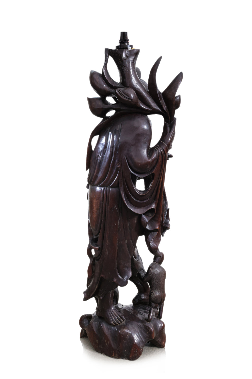 A VERY LARGE CHINESE CARVED HARDWOOD FIGURAL FLOOR LAMP