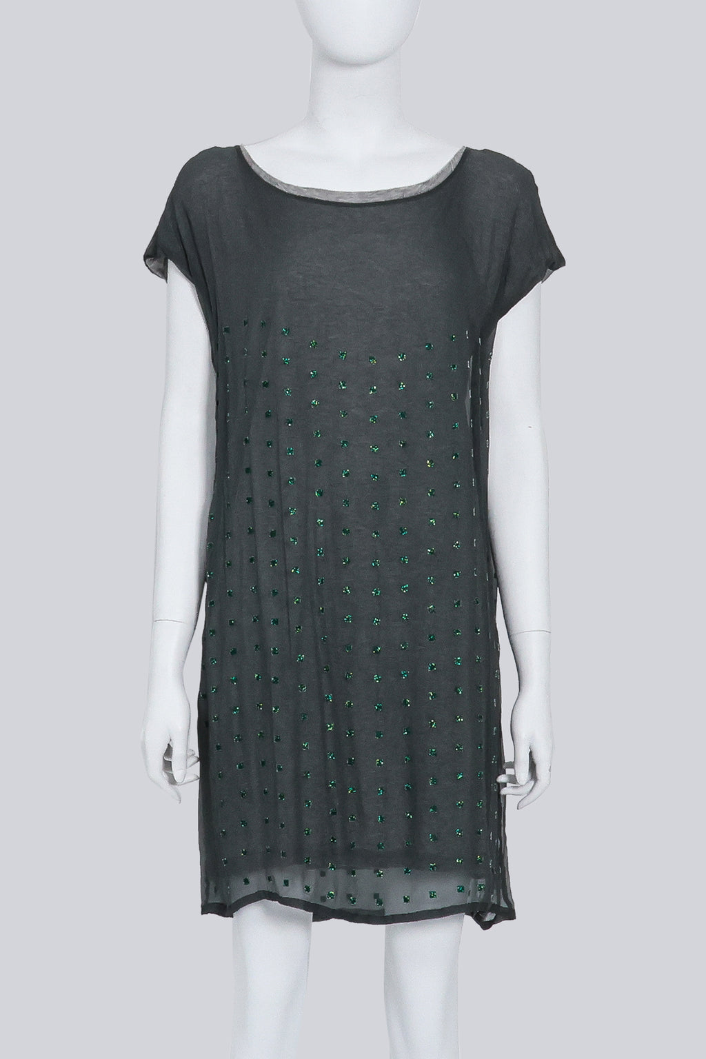 SACAI - A GREEN AND GREY SILK-COTTON DRESS WITH BEADED SQUARE MOTIF