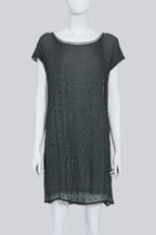 SACAI - A GREEN AND GREY SILK-COTTON DRESS WITH BEADED SQUARE MOTIF