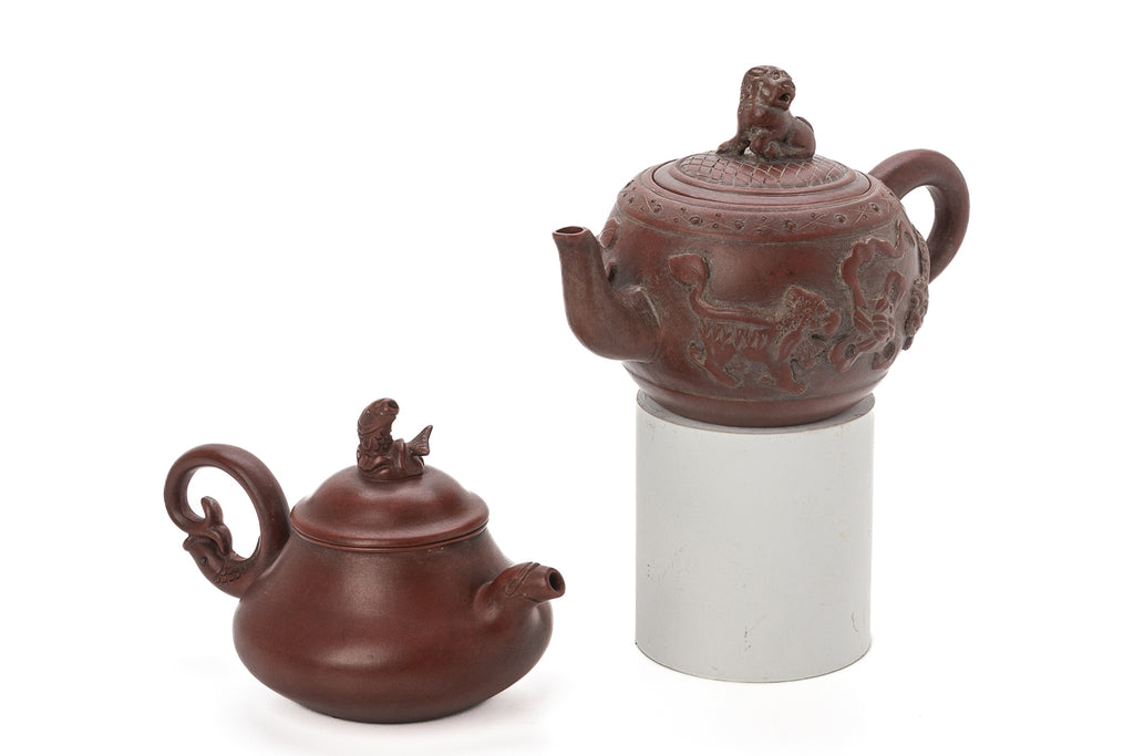 TWO DECORATED YIXING POTTERY TEA POTS