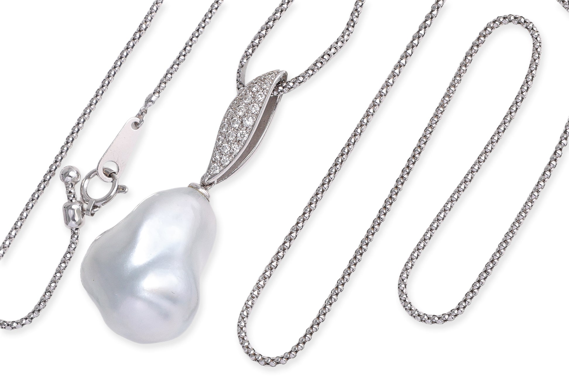 A LARGE BAROQUE SOUTH SEA PEARL AND DIAMOND PENDANT ON CHAIN