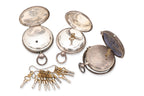 A GROUP OF THREE GEORGE III SILVER CASED POCKET WATCHES AND ASSORTED WINDING KEYS