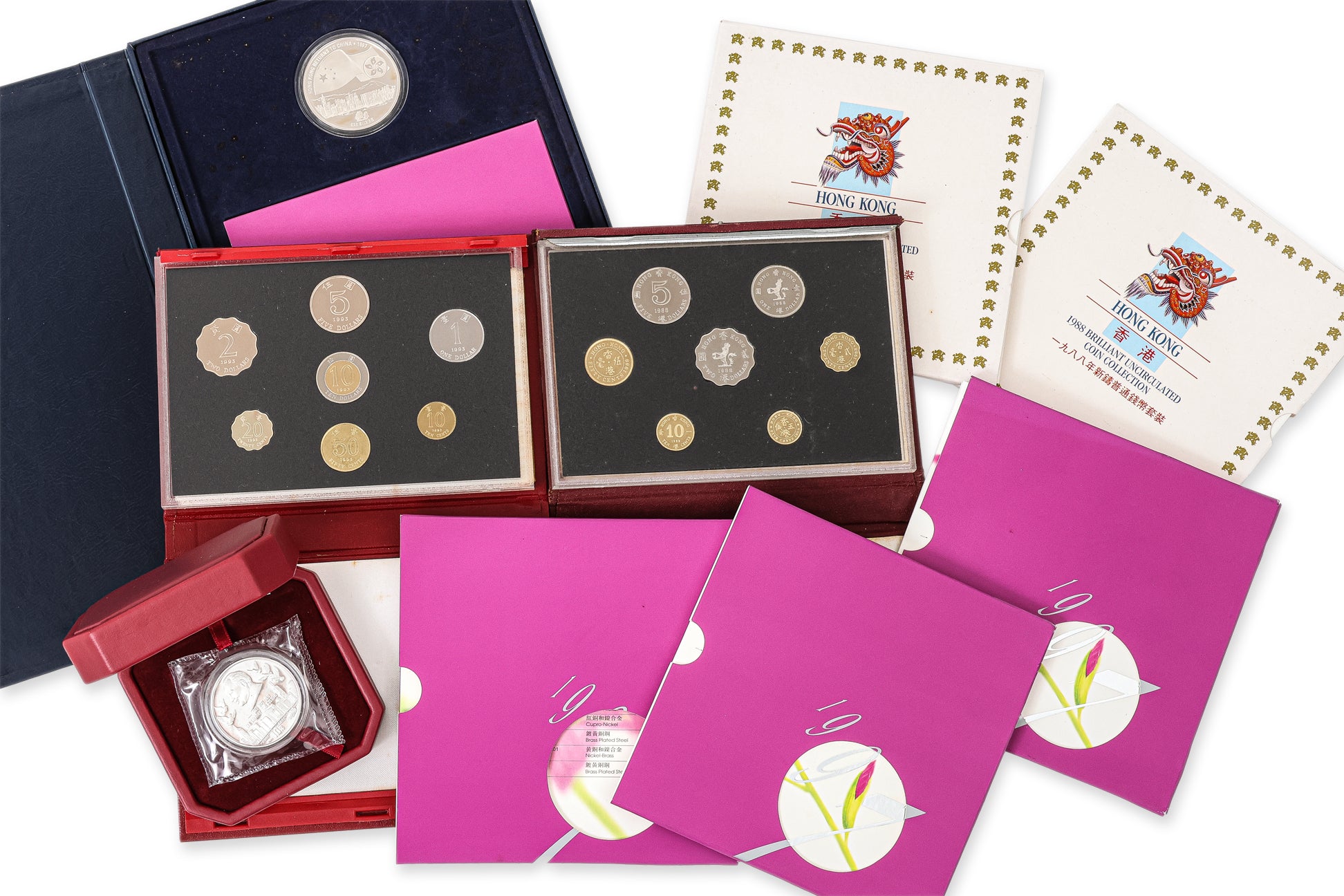 HONG KONG, VARIOUS PROOF/UNC COIN ISSUES, 1988-1997 (9)