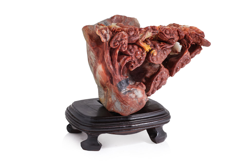 A SHOUSHAN STONE MODEL OF LUCKY TOADS AND LINGZHI