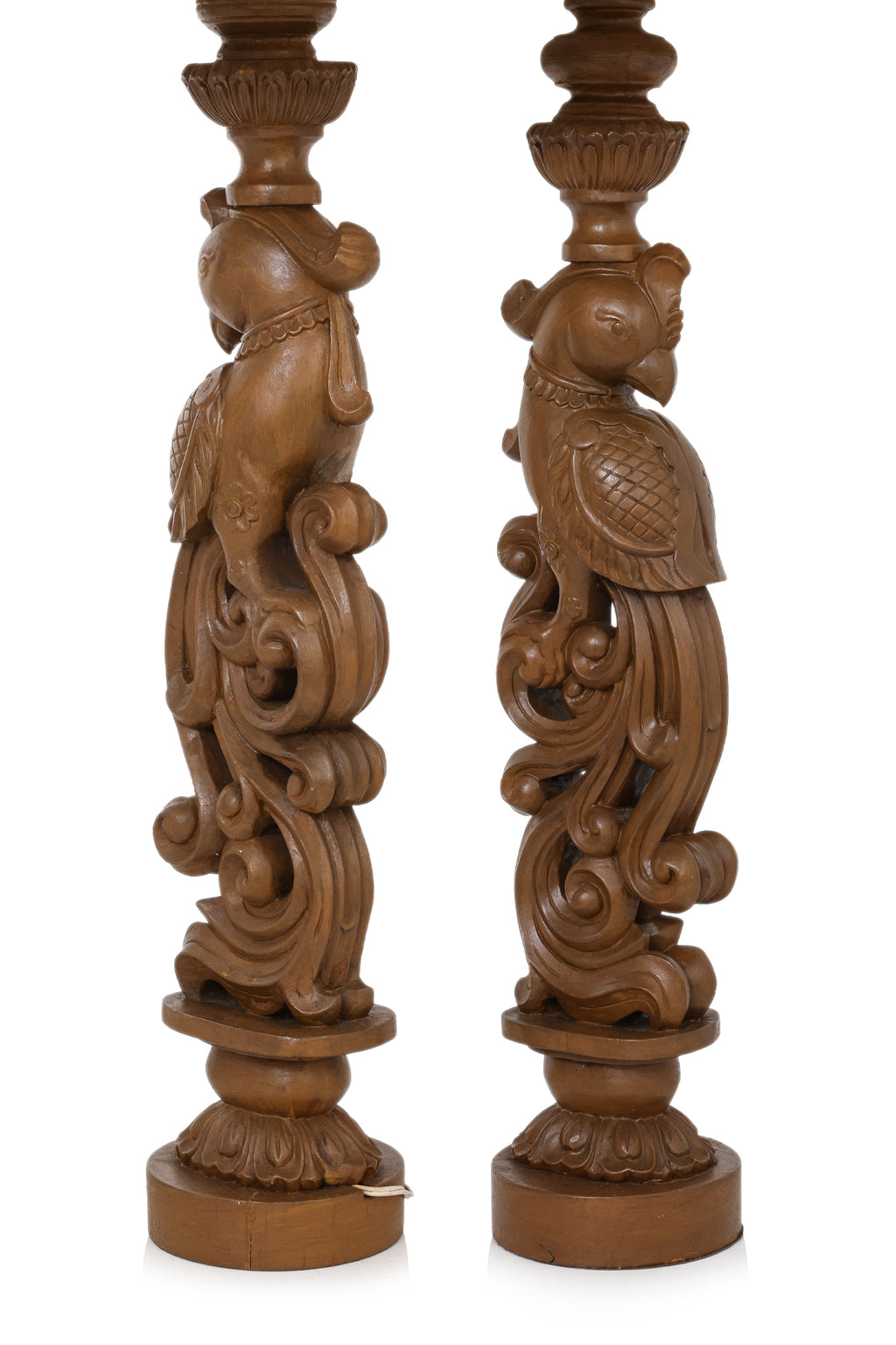 A PAIR OF CARVED WOOD FIGURAL BIRD LAMPS