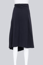 Y'S YOHJI YAMAMOTO - A NAVY COTTON MIDI SKIRT WITH A BELT CINCHED WAISTLINE